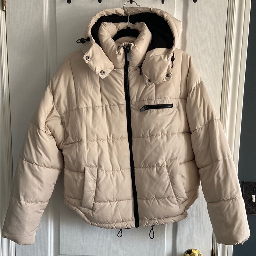 Urban Outfitters Cream Puffer Jacket with Hood